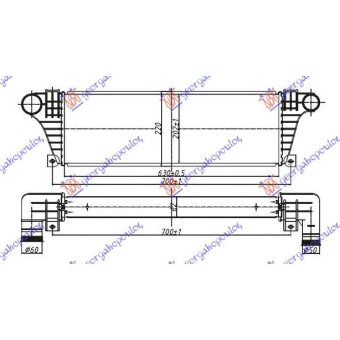  RADIATOR  INTERCOOLER  2,5-2,8  T.D  (630x217x63)  pentru IVECO, IVECO DAILY 90-00, PEUGEOT, PEUGEOT EXPERT 07-16, Partea frontala, Radiator Intercooler