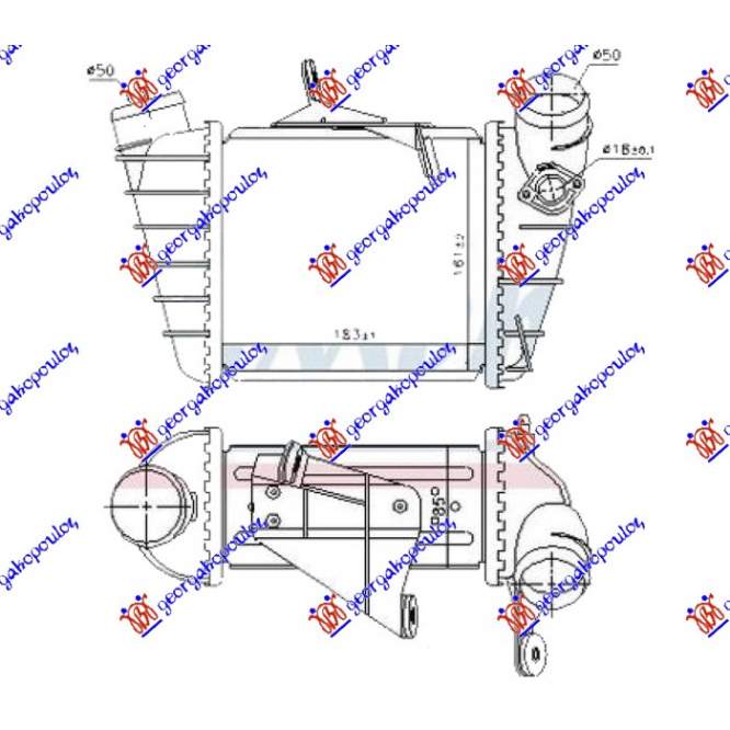  RADIATOR  INTERCOOLER  1.9  Tdi  DIESEL  (183x161x85)  (CU  ORIFICIU  SENZOR  18mm)  pentru SEAT, SEAT IBIZA 02-08, PEUGEOT, PEUGEOT EXPERT 07-16, Partea frontala, Radiator Intercooler