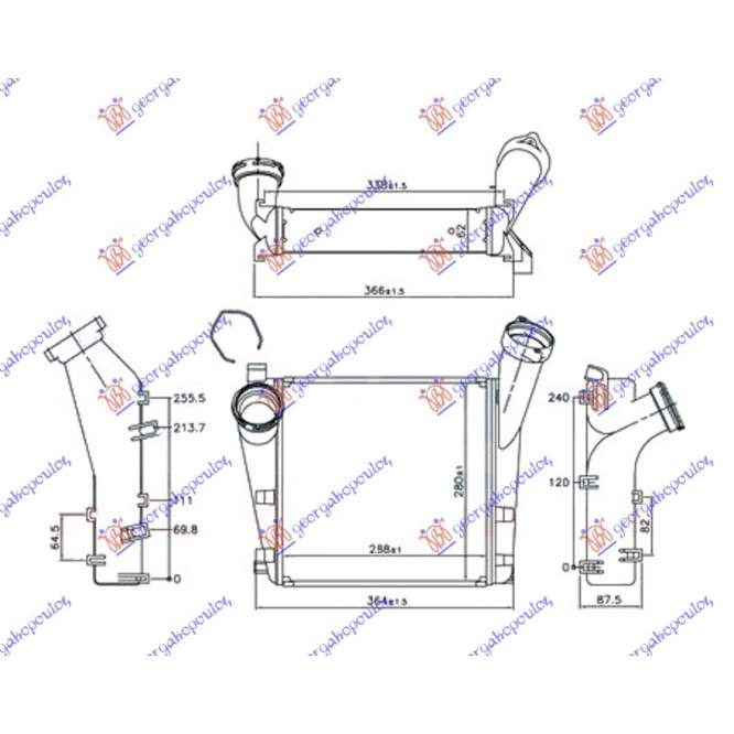 RADIATOR INTERCOOLER 4.8 TURBO-S (288x280x62) ALL ALUMINUM (Φ66-53) - PORSCHE PORSCHE CAYENNE 15-18 pentru PEUGEOT, PEUGEOT EXPERT 07-16, Partea frontala, Radiator Intercooler, PORSCHE, PORSCHE CAYENNE 15-18
