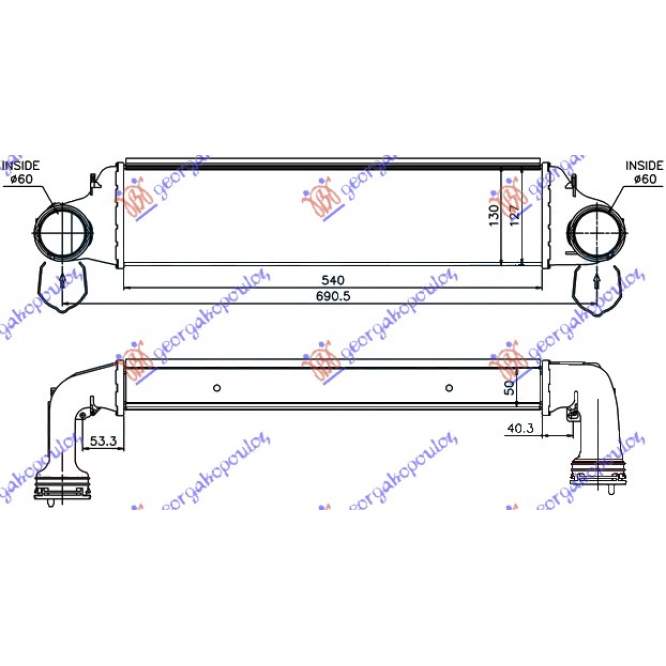 RADIAT.INTER.2,0TD03-06(54x130x50)(62/62 - BMW X3 (E83) 07-11 pentru BMW, BMW X3 (E83) 07-11, PEUGEOT, PEUGEOT EXPERT 07-16, Partea frontala, Radiator Intercooler