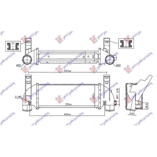 RADIATOR INTERCOOLER 1.8 Di/TDCi DIESEL -07 (340x128x62) pentru FORD, FORD TRANSIT CONNECT 03-10, PEUGEOT, PEUGEOT EXPERT 07-16, Partea frontala, Radiator Intercooler