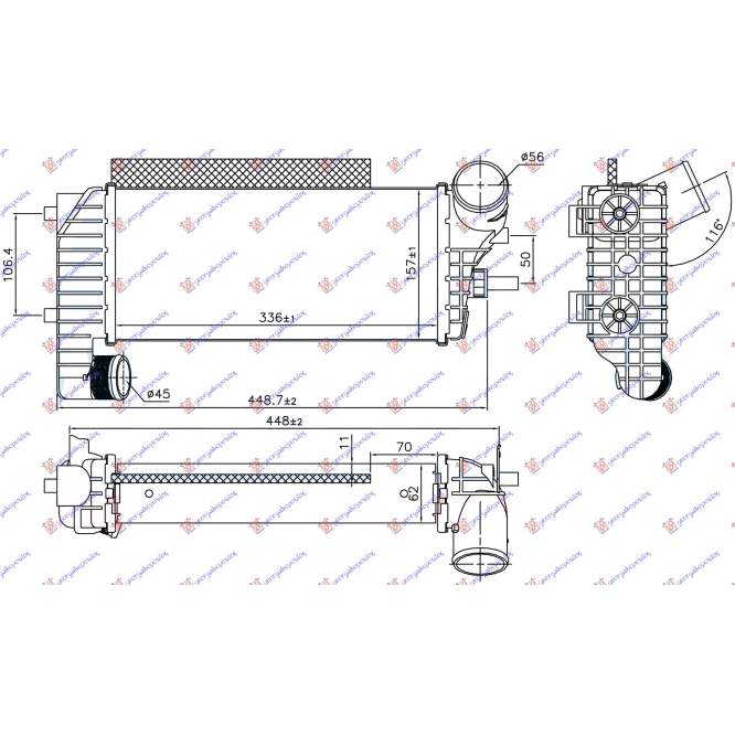 RADIATOR INTERCOOLER 1.5-1.6 TDCI/ECOnetic (336x157x62) - FORD FOCUS C-MAX 14- pentru PEUGEOT, PEUGEOT EXPERT 07-16, Partea frontala, Radiator Intercooler, FORD, FORD C-MAX II 14-19