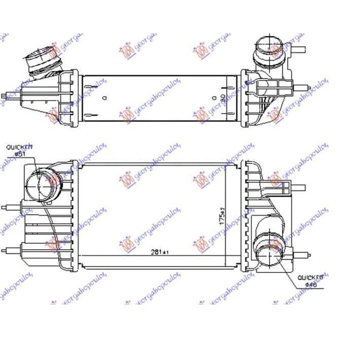 RADIATOR INTERCOOLER 1.5 dCi DIESEL (281x175x80) - NISSAN NISSAN NV 200/EVALIA 09- pentru PEUGEOT, PEUGEOT EXPERT 07-16, Partea frontala, Radiator Intercooler, NISSAN, NISSAN NV 200/EVALIA 09-