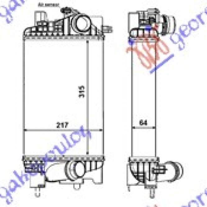  RADIATOR  INTER.1,4-16V  TURBO  (315x218x64  pentru OPEL, OPEL MERIVA 10-14, PEUGEOT, PEUGEOT EXPERT 07-16, Partea frontala, Radiator Intercooler