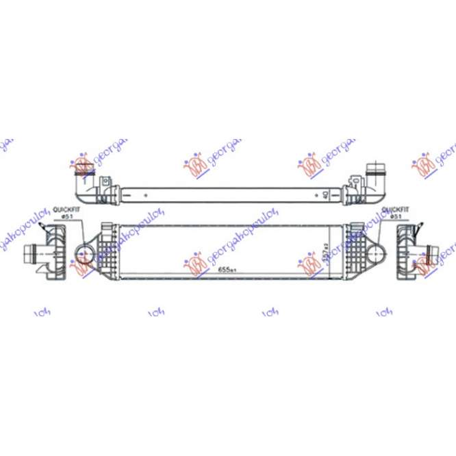  RADIATOR  INTERCOOLER  1.5-2.0  (T2-T3-T4)  BNZ  -  2.0  (D2-D3)  DIESEL  (655x150x40)  pentru VOLVO, VOLVO V70 13-, PEUGEOT, PEUGEOT EXPERT 07-16, Partea frontala, Radiator Intercooler